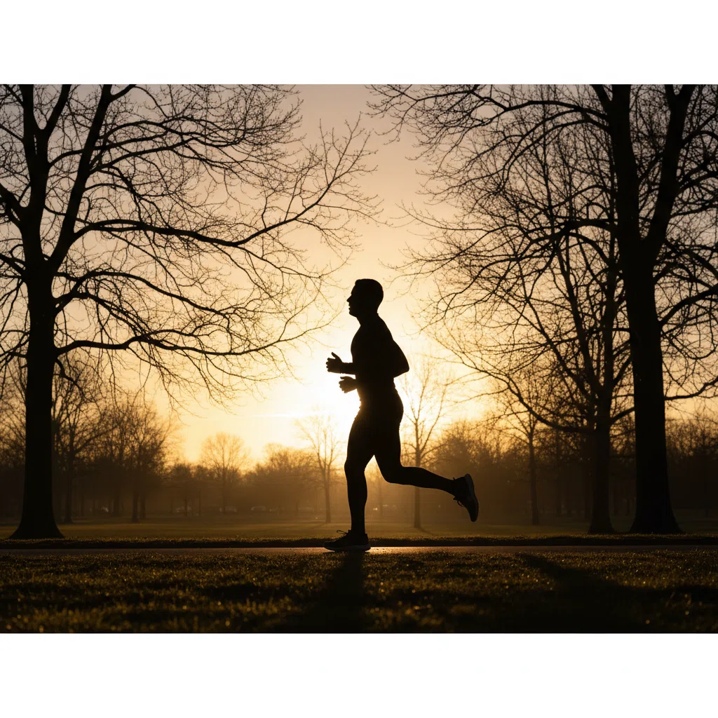 Anonyme Silhouette einer jogenden Person bei Sonnenaufgang im Park - aktiver Lebensstil